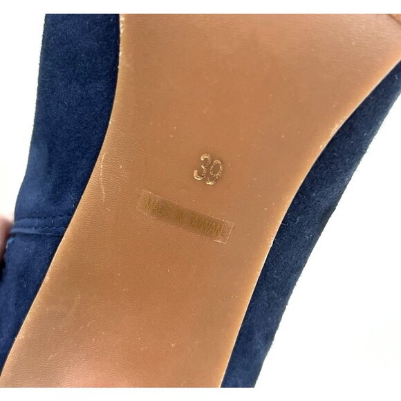 ALL BLACK Brand Booties Navy Suede Heels Asymmetrical Vamp Fashion Forward Sz 39 - Picture 9 of 11